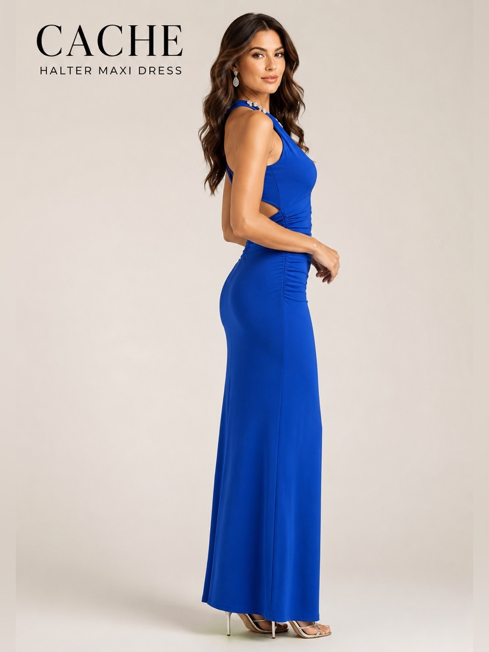 CACHE Embellished Halter Open Back Ruched Maxi Dress